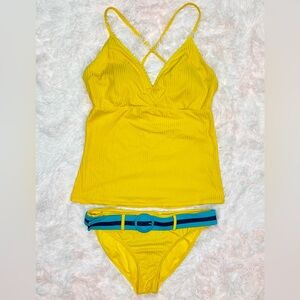 2pc tankini set Jessica Simpson Ribbed Daisy yellow & blue belt bottoms MED